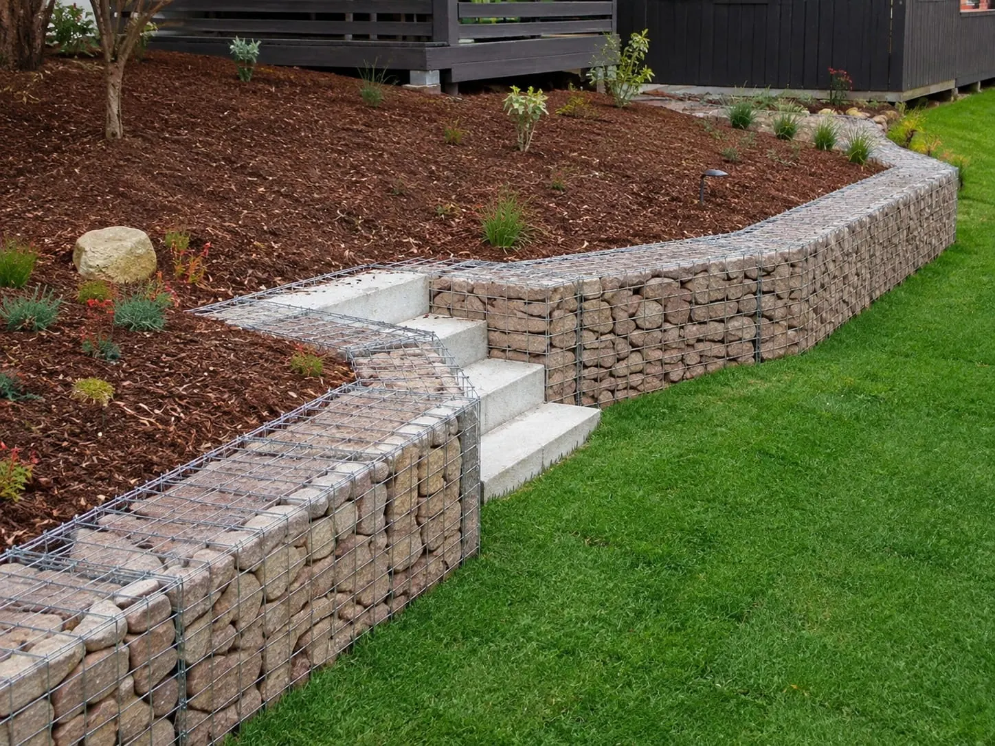 Gabion retaining wall of rock-filled cages in Auckland