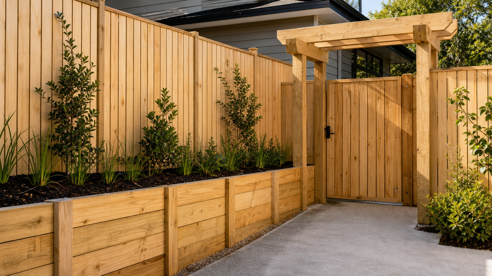 Freshly completed timber fence, gate and retaining wall project in Auckland