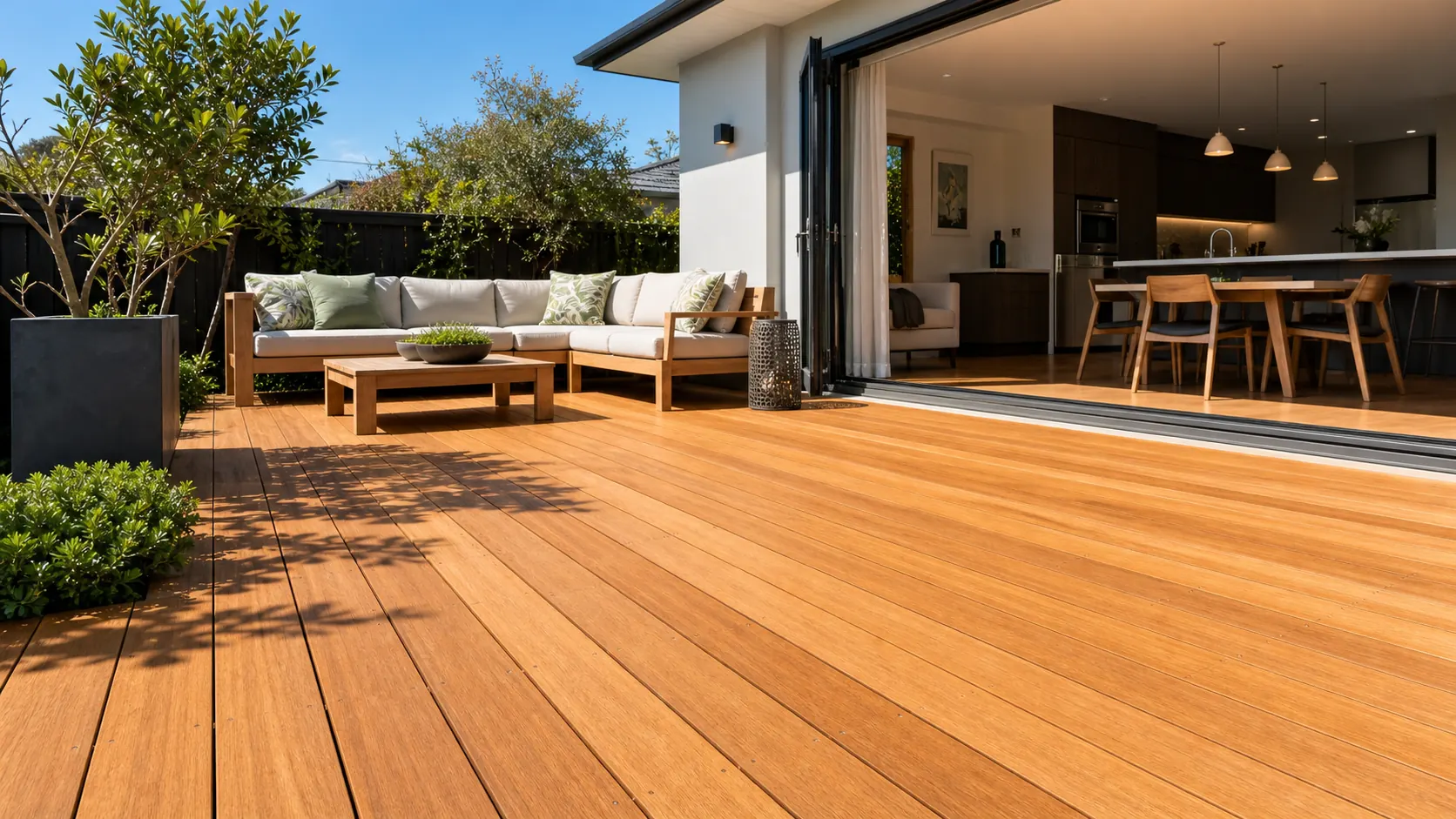 Premium timber deck and outdoor living area beside a modern Auckland home
