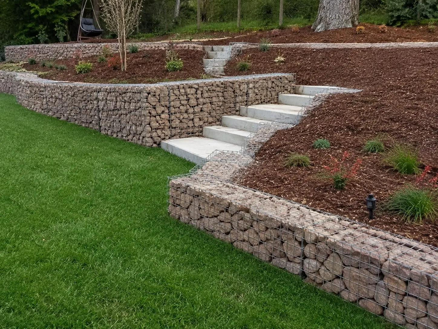 Rock-filled gabion basket retaining wall