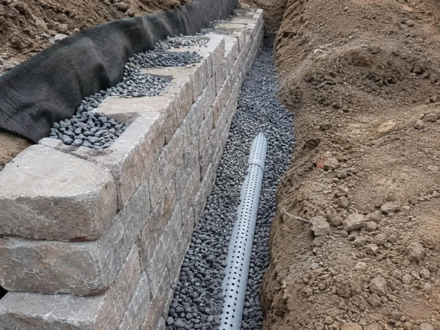 Completed retaining wall drainage system with base pipe and aggregate