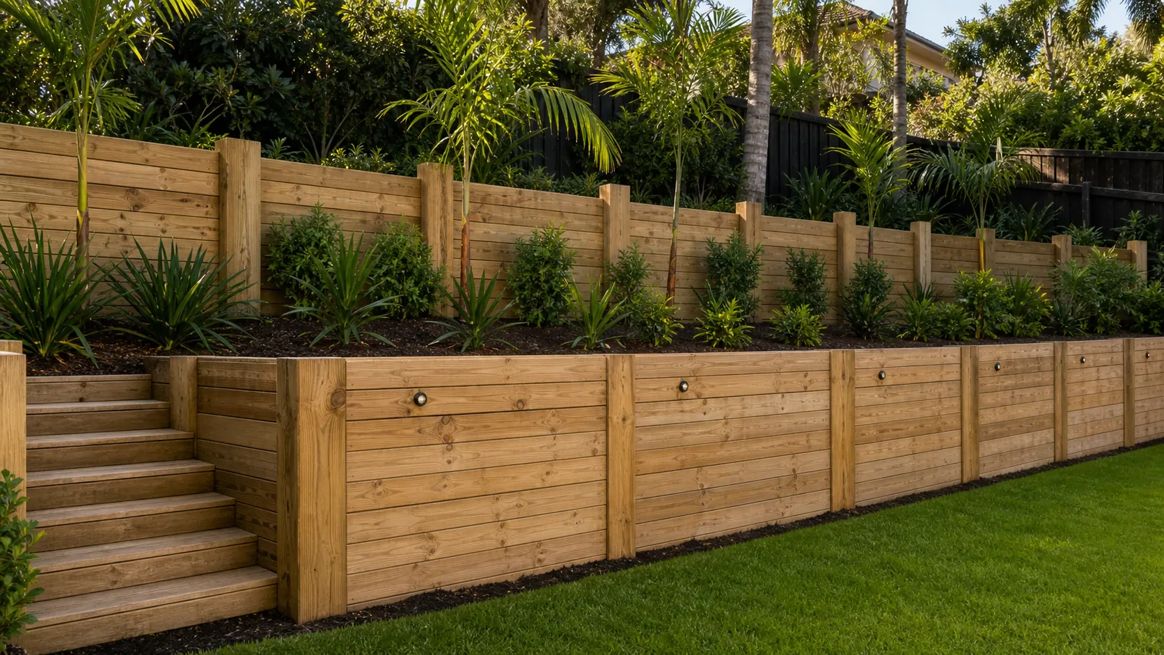 Premium timber retaining wall with landscaped Auckland garden planting